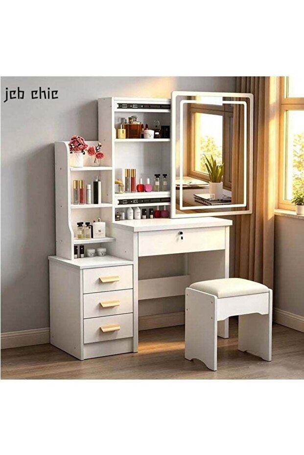 White Dressing Table Set with Mirror and Lights，Large Storage Makeup Vanity Table with Stool，Multifunctional Makeup Storage Side Chest Drawers，Modern Makeup Vanity Desk Set for Bedroom
