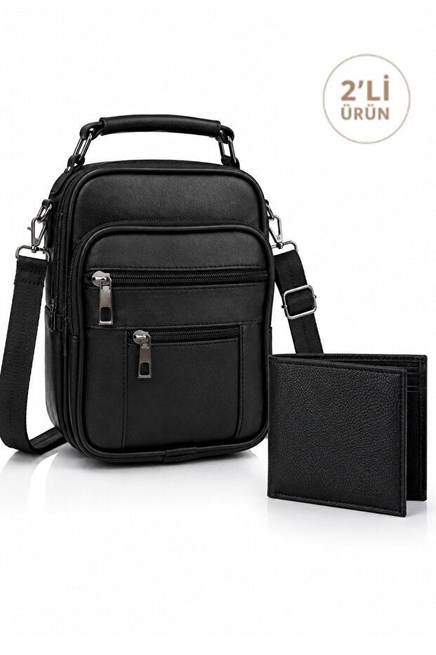 Men's Black Steel Case Genuine Leather Hand and Shoulder Bag with Adjustable Strap (Medium Size) and Wallet
