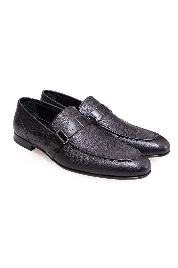 Black Color Laceless Genuine Leather Men's Shoes