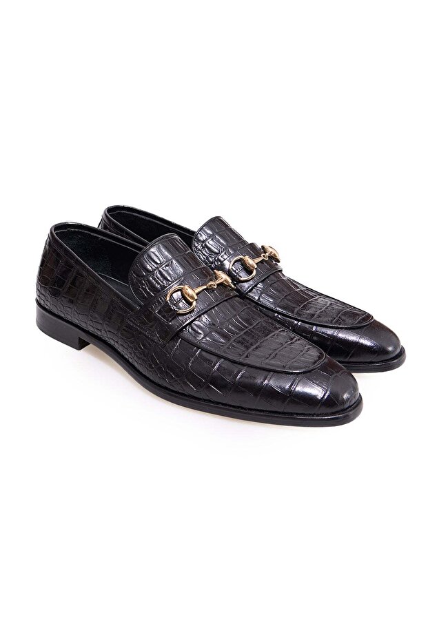 Black Color Laceless Genuine Leather Leather Sole Men's Shoes