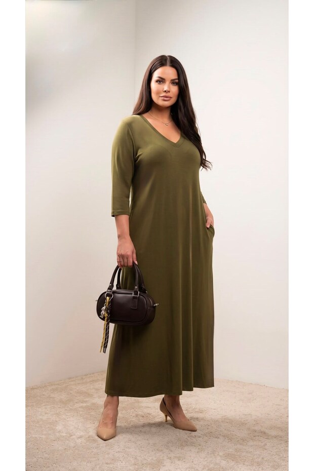 Women's Plus Size Three Quarter Sleeve V-Neck Long Dress 5475-26