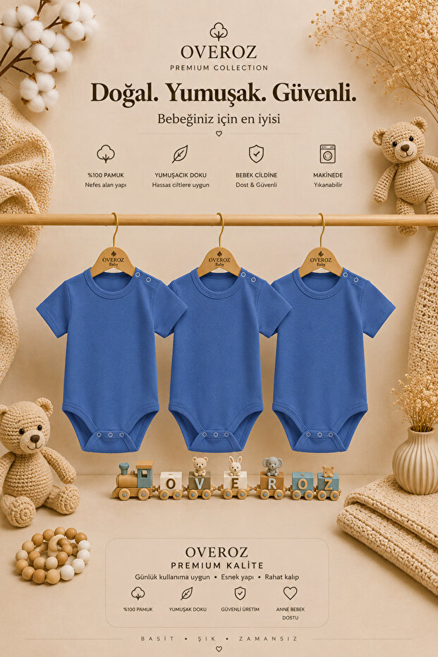 3-Piece Blue Short Sleeve Baby Bodysuit Set for Girls with Snap Fasteners