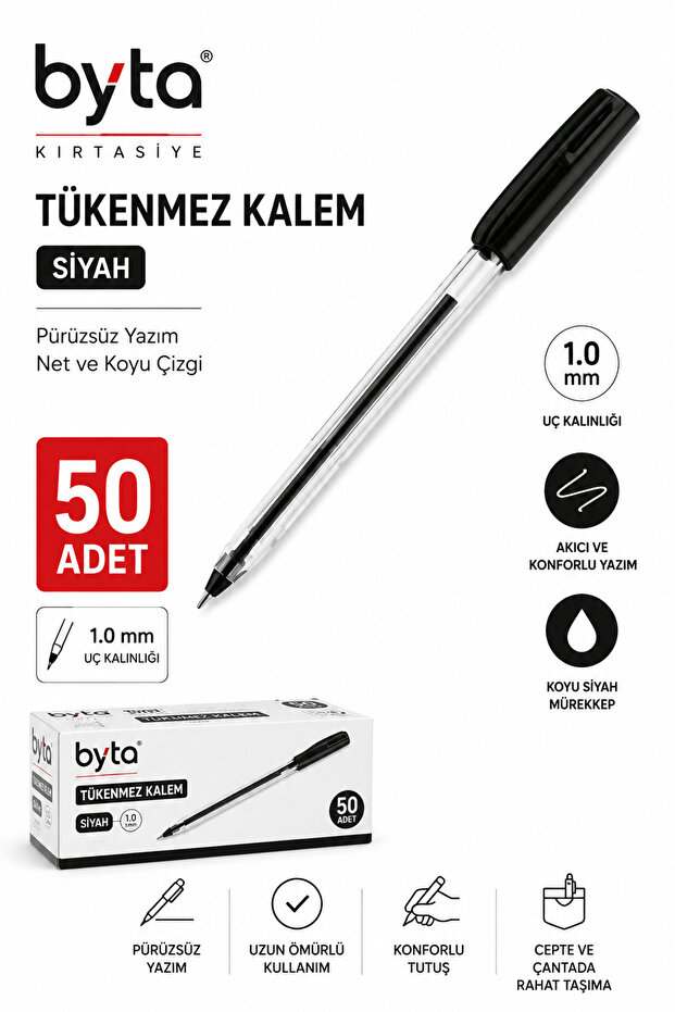 Black Ballpoint Pen 1.0 mm 50 Pieces – Fluent Writing