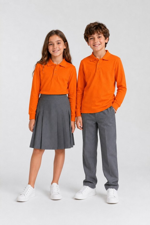 Girls & Boys Unisex Orange 100% Cotton Polo Collar Long Sleeve 2-Piece T-Shirt
