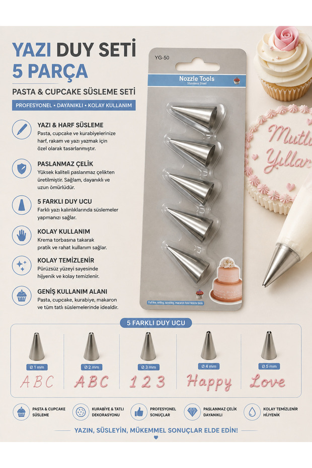 5-Piece Lettering Tip Set – Stainless Steel Cake and Cupcake Lettering Decorating Tips