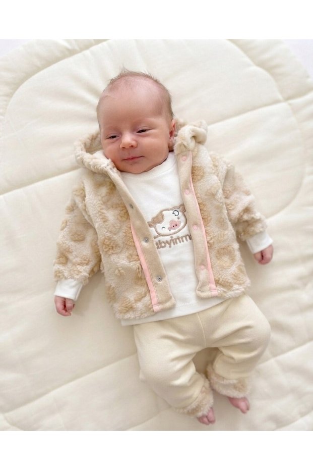 Baby Girl Winter Fur Cardigan 3-Piece Newborn Set for 0-3-6-9 Months