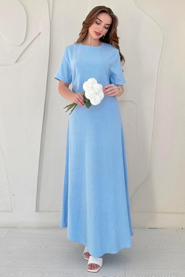 Blue Pleated Crew Neck Dress
