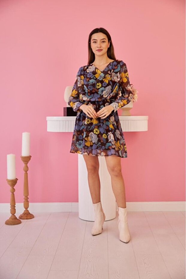 Brown Floral Chiffon Dress
