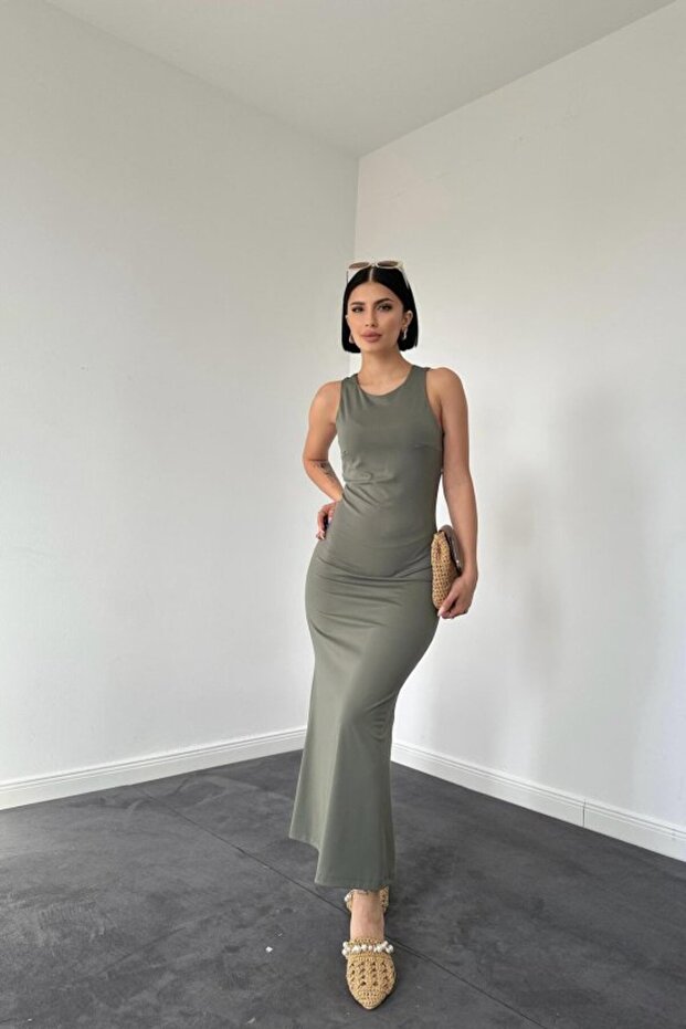 Khaki Sleeveless Crew Neck Dress