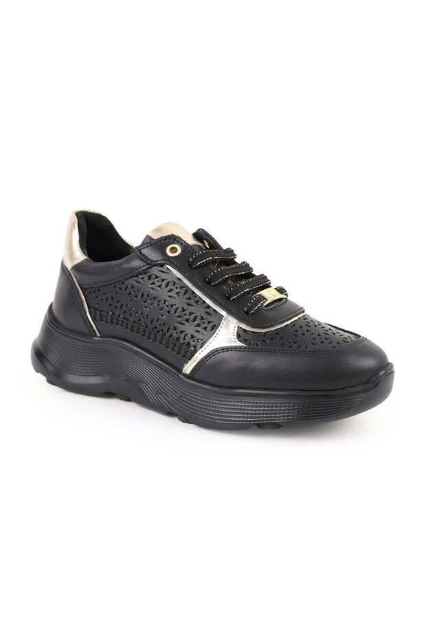Women's Casual Shoes Genuine Leather Laser Cut Patterned Metallic Transition Thick Sole Sneaker 26Y-7085
