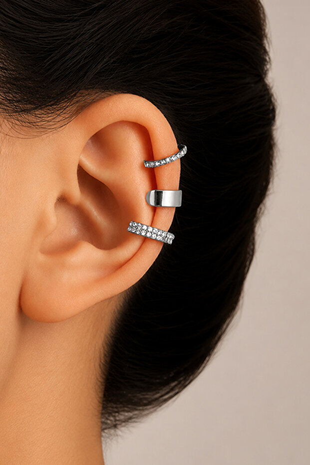 Women's 3-Piece Ear Cuff Earring Set Silver and Stone Cartilage Earrings (with Compression Closure)