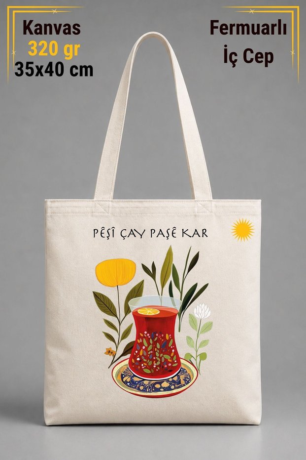 Kürtçe Pêşî Tea Pashê Kar Written Design with Inner Pocket Raw Colored 320 Gr Canvas Cloth Bag |   100% Cotton