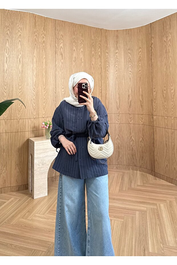 Perla Striped Modal Shirt Navy Blue