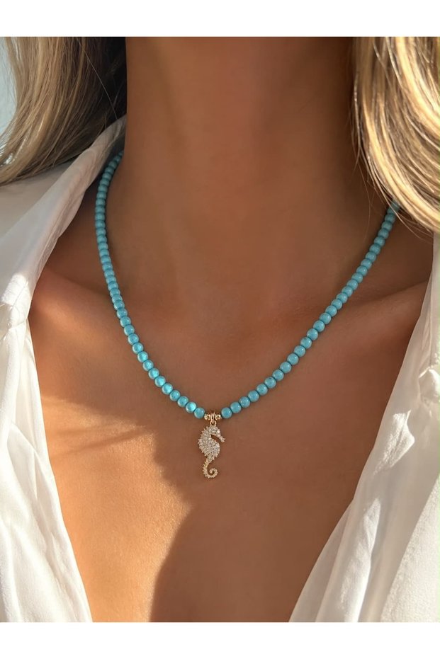 Turquoise Summer Turquoise Colored Shiny Seahorse Gold Motif Non-Tarnish Stylish Design Bead Necklace