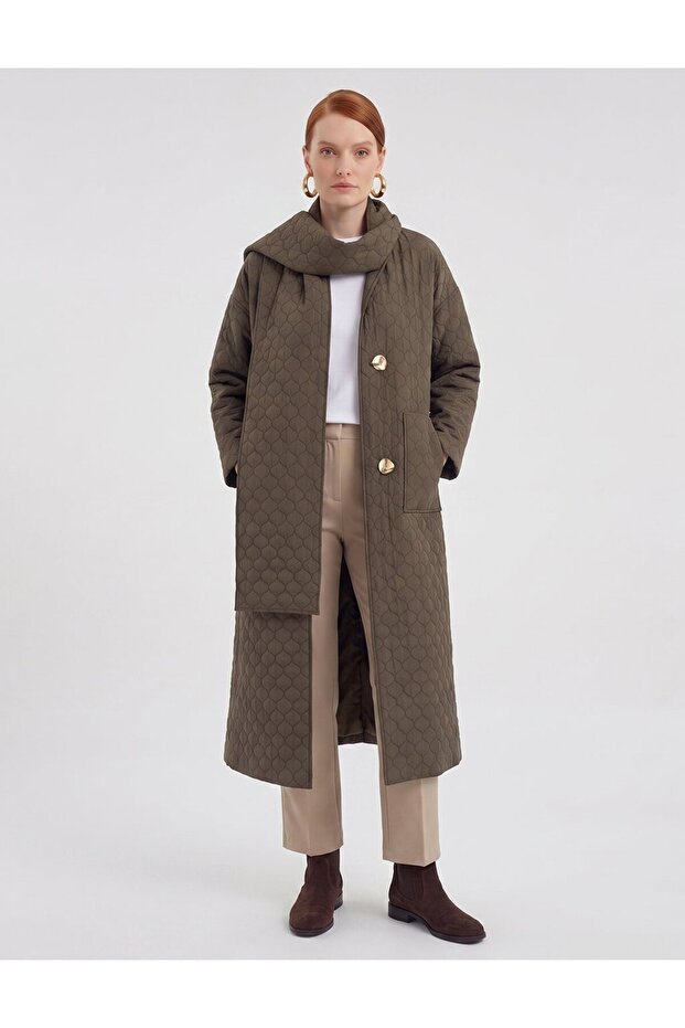 Quilted Patterned Scarf Wear and Go Dark Khaki