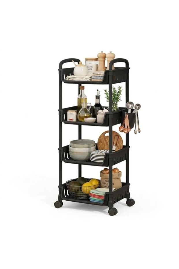 4 Layer Kitchen Cart Storage Trolley with Wheels, Black Plastic Rolling Organizer Rack for Kitchen, Bathroom & Laundry, Space Saving Mobile Shelf, 102.5 x 34.2 x 26 CM