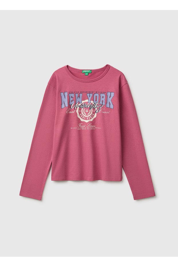 Girl's Fuchsia Long Sleeve Crew Neck T-Shirt with Front Print