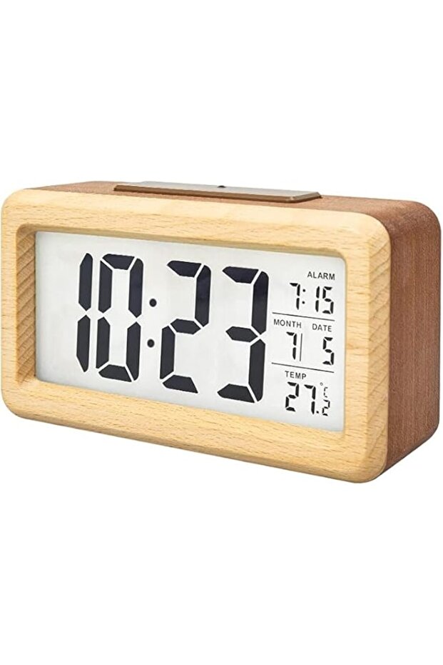 Wooden Digital Alarm Clock with LED Display, Date, Temperature, Snooze, Silent, Battery Powered