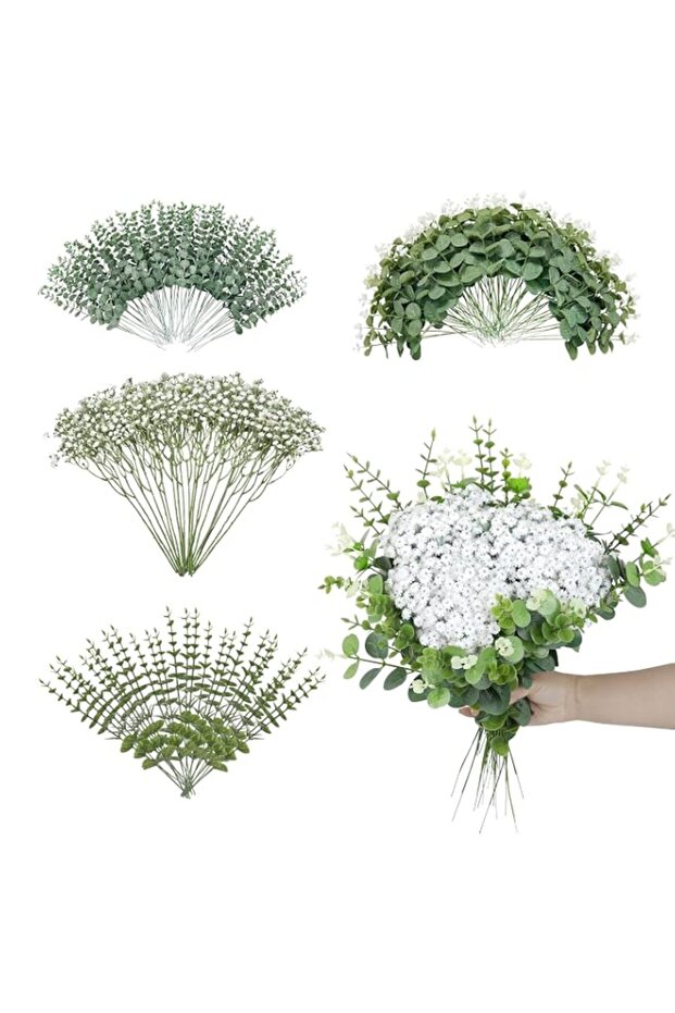 100Pcs Mixed Artificial Eucalyptus Stems, Babys Breath Artificial Flowers, Fake Flowers Silk Plastic Artificial, Artificial Eucalyptus Leaves Stems Real Grey Green Touch Leaf Branches for Home Office