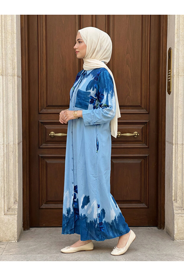 Women's Viscose Patterned Buttoned Pocketed Hijab Shirt Dress