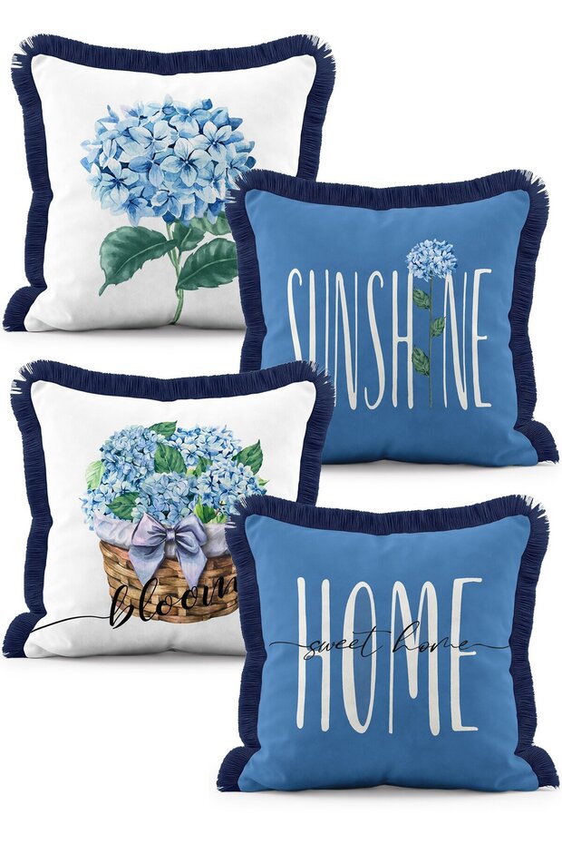 Blue Hydrangea Flower Patterned 4-Piece Fringed Cushion Cover Set with Text Detail