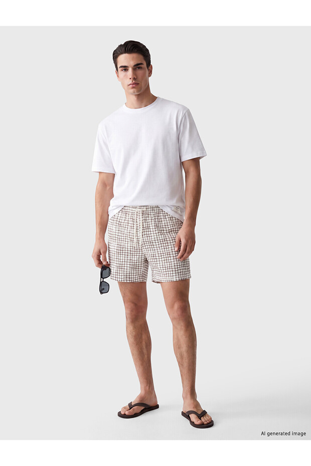 Lcw Swimwear Beige Short Length Checkered Men's Swim Shorts