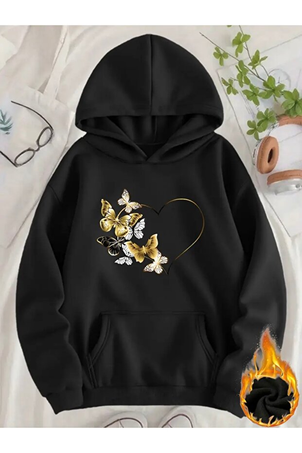 Butterfly Heart Printed Oversized Unisex Women'S/Men's Hooded Sweatshirt