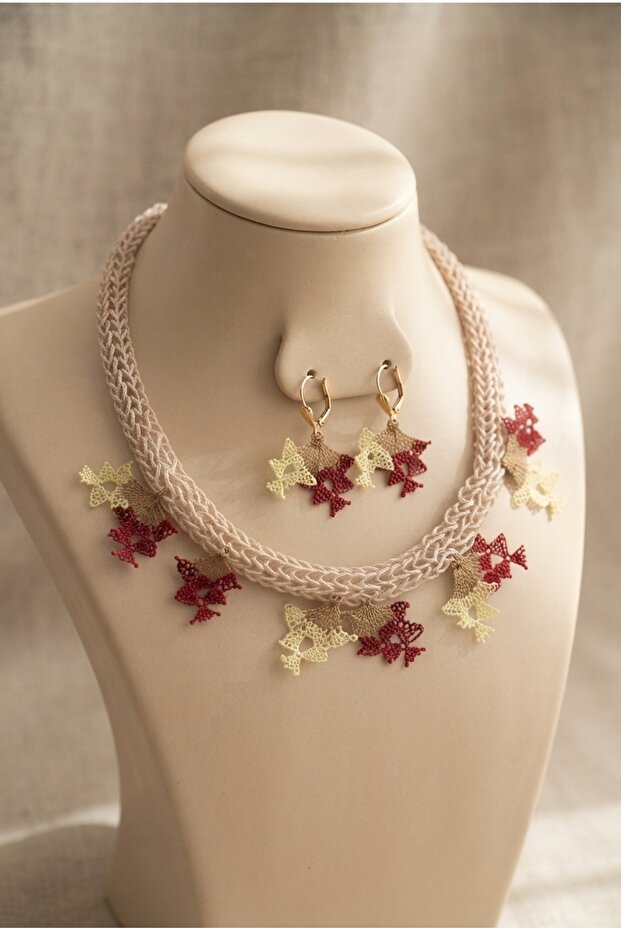 Handmade Silk Needle Embroidered Earrings and Necklace Set
