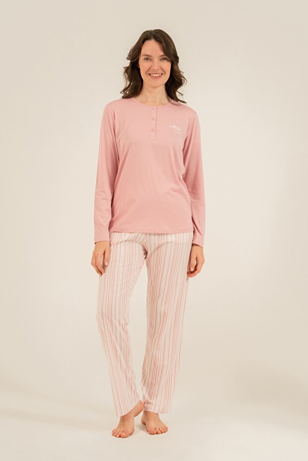 Women'S, Striped Patterned, Pink, Long Sleeve Pajama Set (with Socks as a Gift)