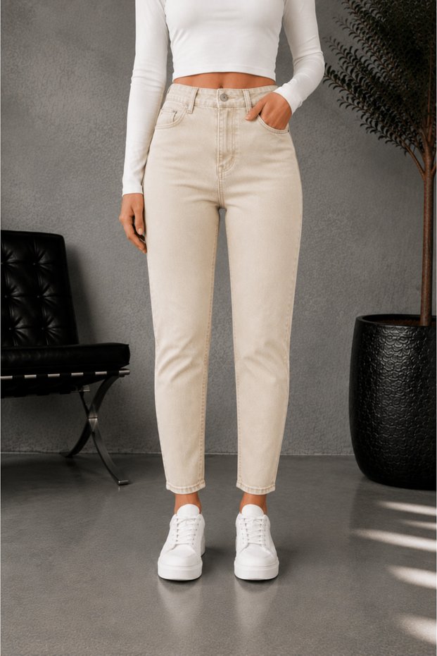 Alice Women's Beige High Waist Lycra Mom Jean
