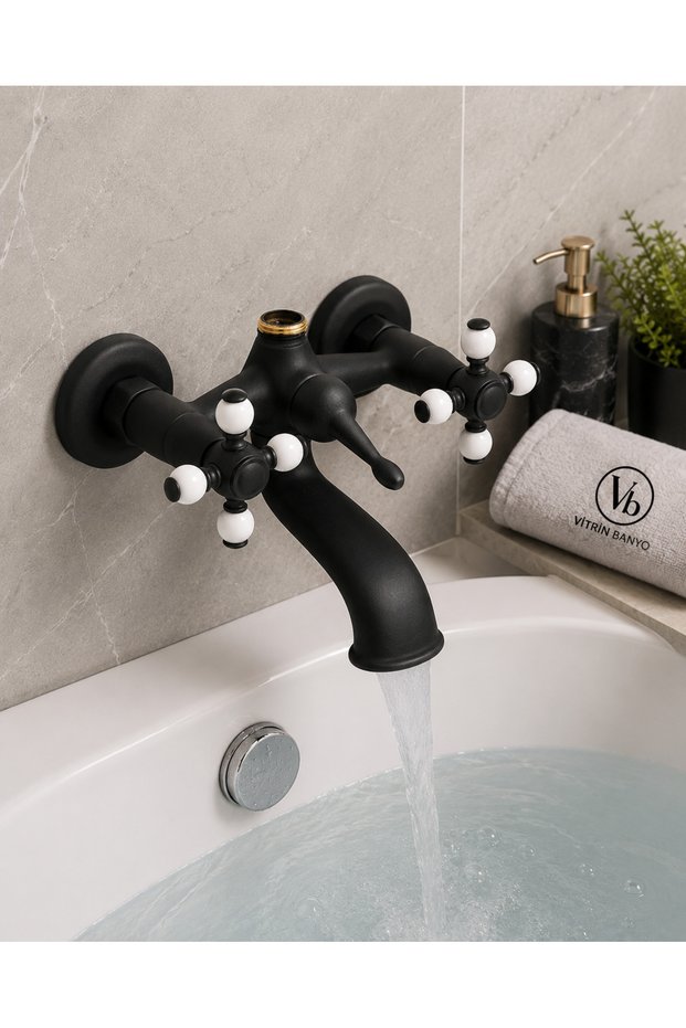 Koç Black Bathroom Faucet Classic Ottoman Model Cross Handle Wall Mounted Bathroom Faucet Black Color
