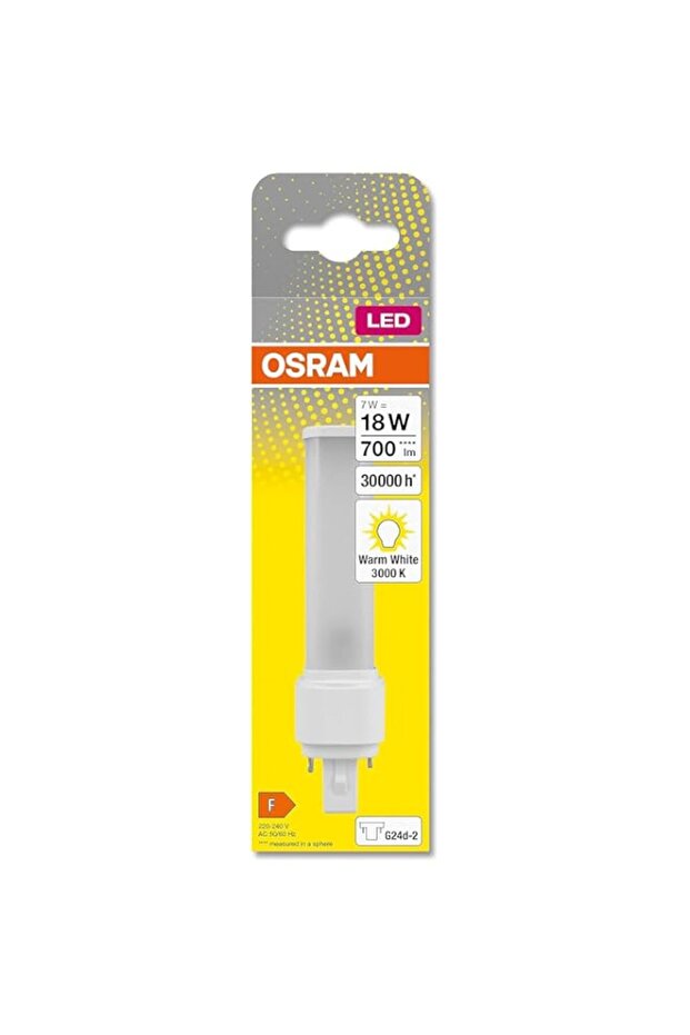 OSRAM DULUX D 18 LED lamp for G24D-2 base, 7 watt, 640 lumen, warm white (3000K), rotatable, replacement for conventional 18W Dulux lamp