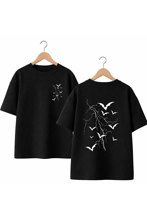 Bat Vein Printed Back and Front Chest 100% Cotton Oversize Loose Regular Fit Crew Neck T-Shirt