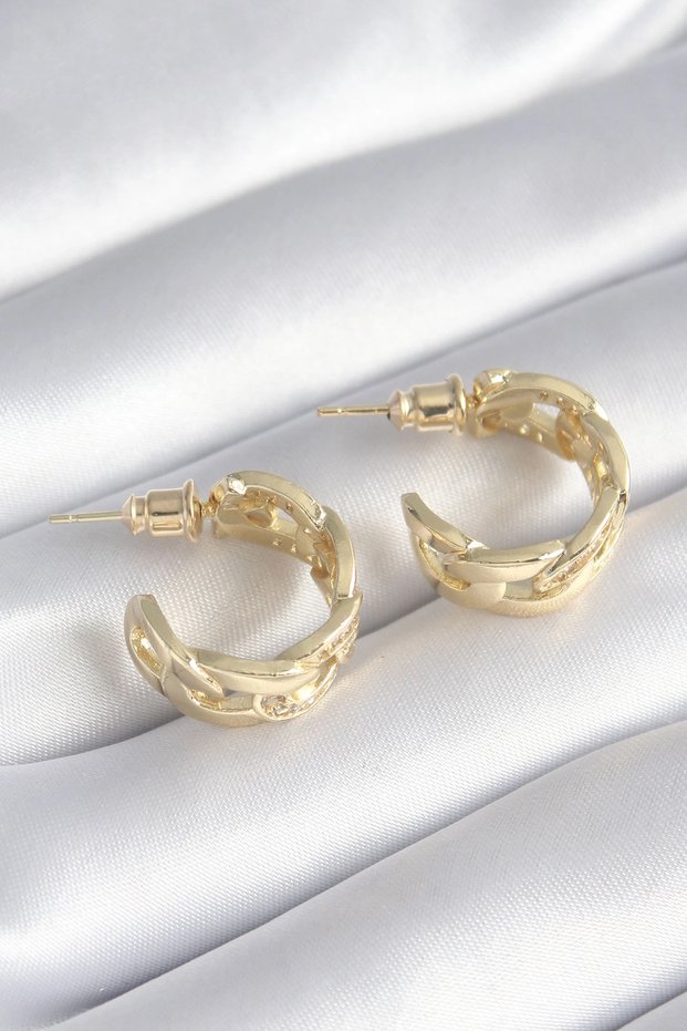Brass Gold Color Zircon Stone Detailed Chain Model Women's Earrings