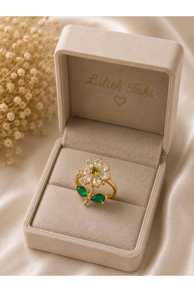 🌼   Green Leaf Detailed Flower Stress Ring – Stylish Women's Ring with Stone and Rotating Design