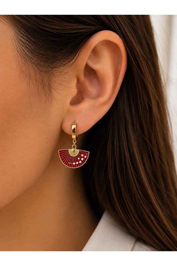 Red Fan Figure Steel Earrings