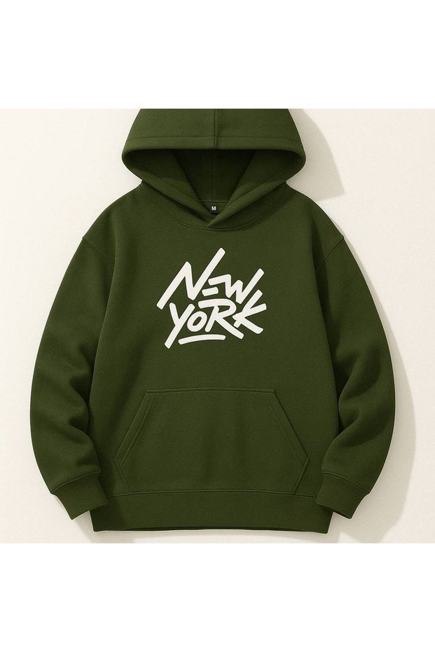 Unisex Oversize 3 Thread Raster Printed Hooded Sweatshirt with Kangaroo Pocket and "New York Written" Print