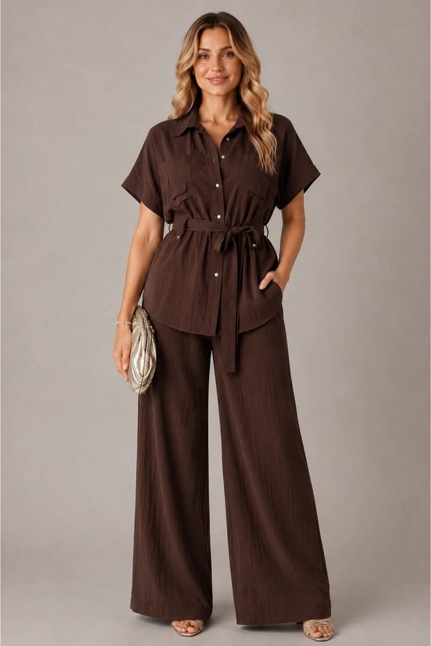 Women's Brown Stone Buttoned Double Suit Linen Belted Wide Leg Trousers with Tie-Up Shirt Bohemian