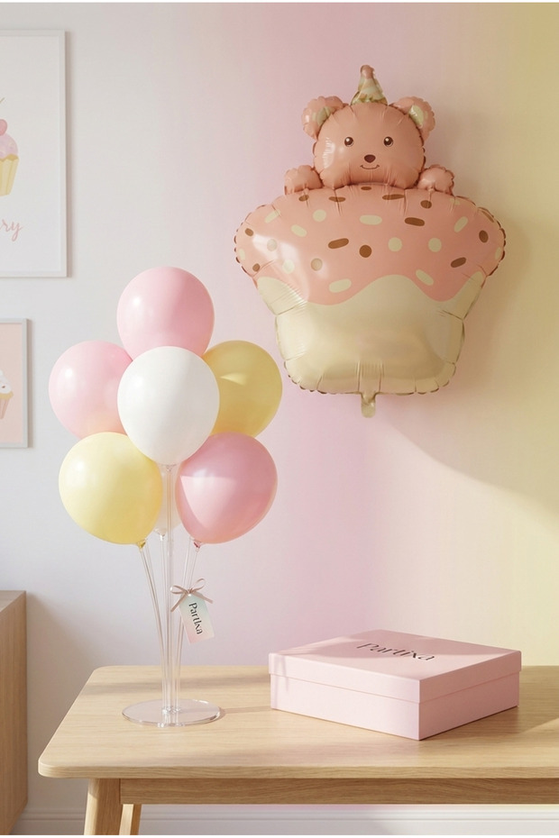 Pink Retro Cupcake Balloon Stand Set with Teddy Bear Figure | Transparent 7-Piece Stand + Cupcake Foil Balloon 52.5×72.5 cm + 7 Latex Balloons