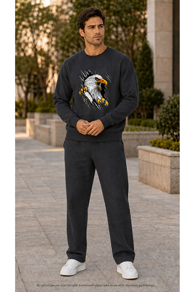Men's 3D Predator Eagle Printed Tracksuit Set/Round Neck Sweatshirt and Sweatpants 2-Piece Set