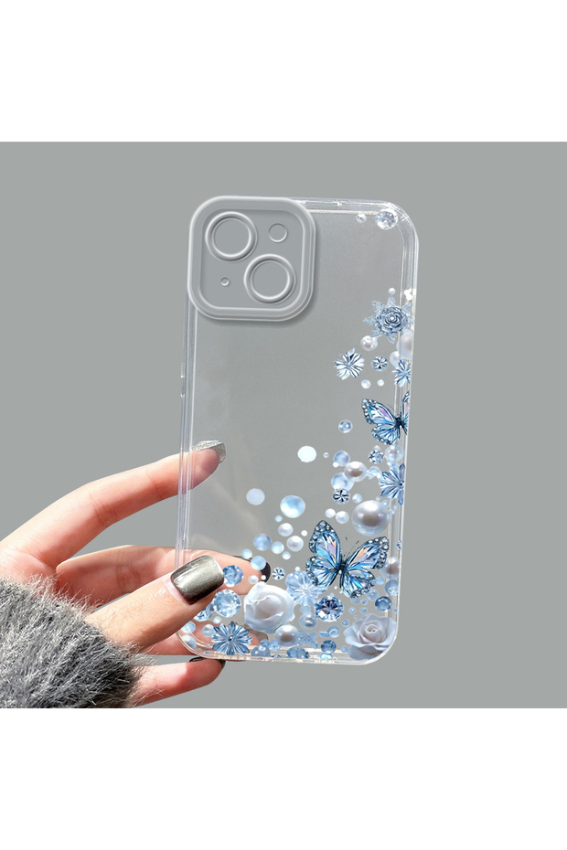 iPhone 15 Compatible Camera Protected Anti-Shock Aesthetic Print Patterned Transparent Silicone Case