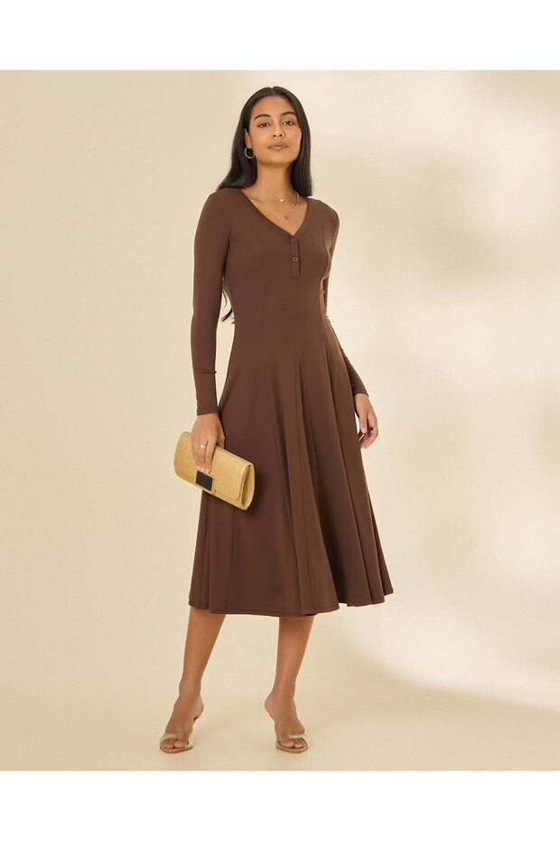 Women Brown Ribbed Panelled Flared Dress