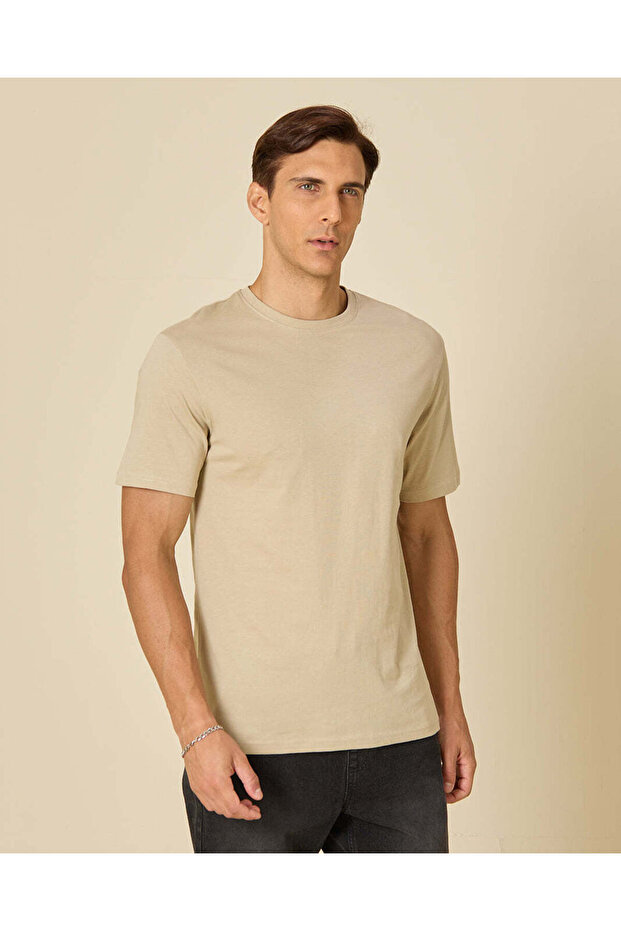 Men Beige Solid Crew Neck T Shirt