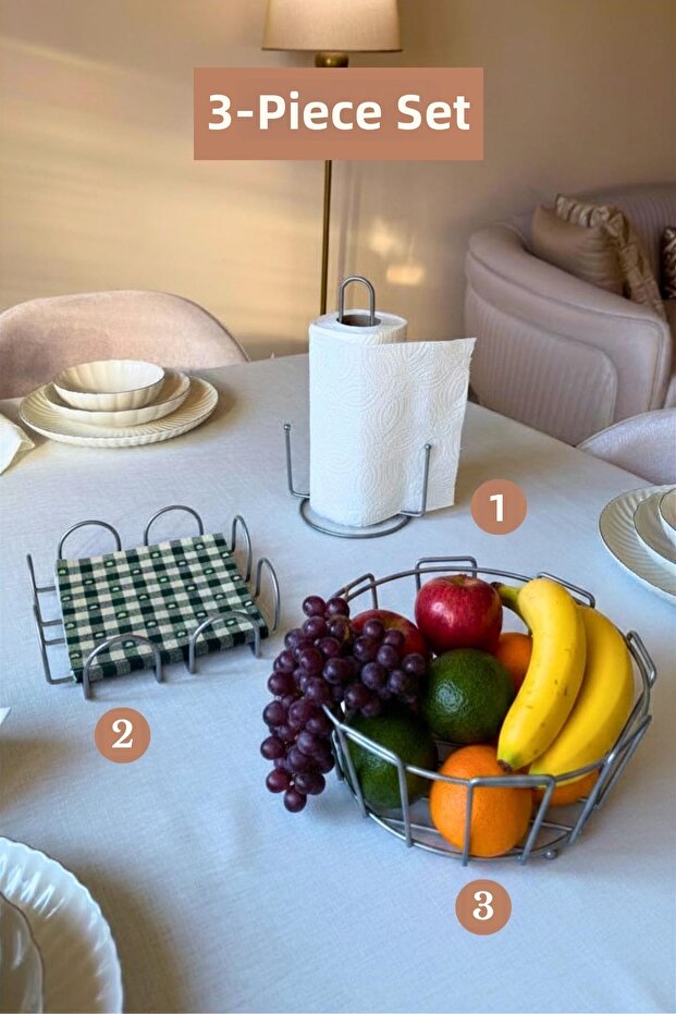Set of 3 Matte Silver Square Napkin Holders, Upright Paper Towel Holders, Oval Cornered Fruit Basket, Kitchen Set