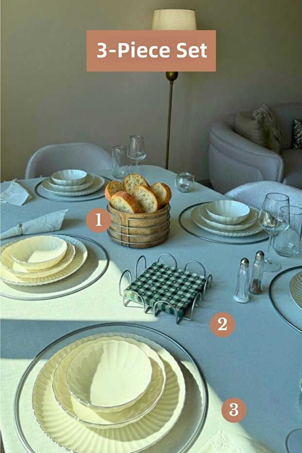 Set of 3 Matte Silver 6-Piece Supla Square Napkin Holder Round Bread Basket Kitchen Set