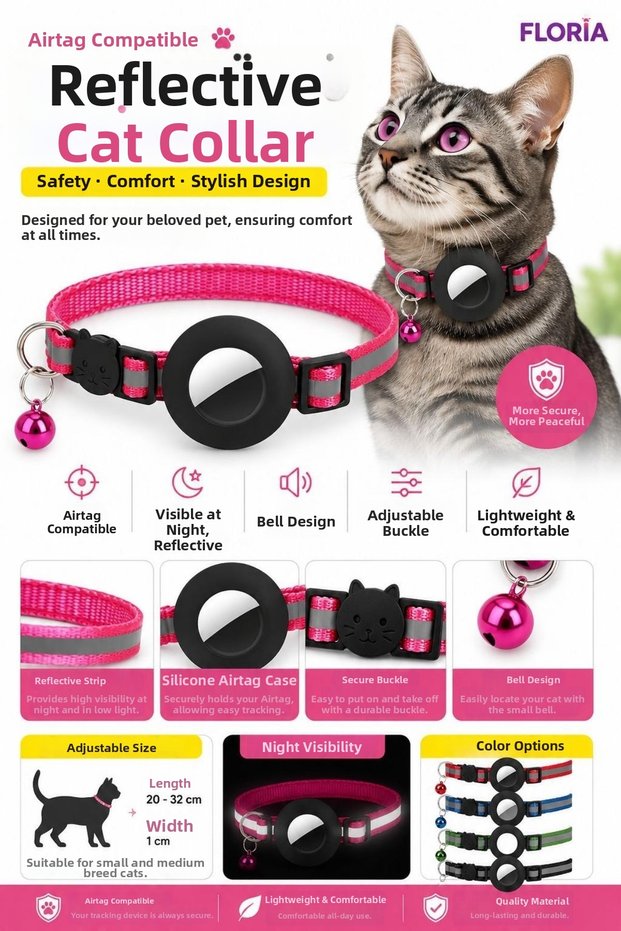 Reflective Airtag Cat Collar - Safety Buckle Collar with Bell