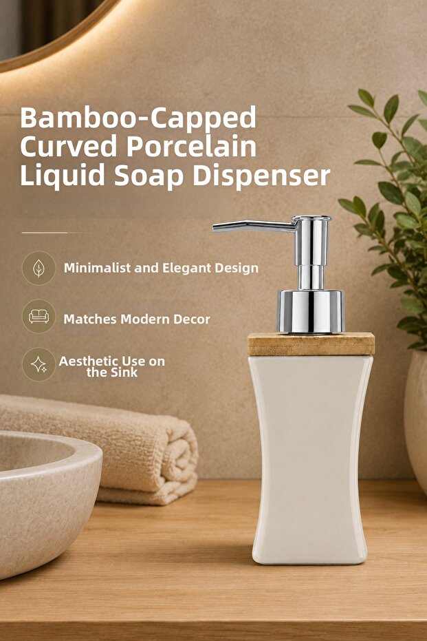 Porcelain Liquid Soap Dispenser with Bamboo Lid, Curved Model, 280 Ml, Beige