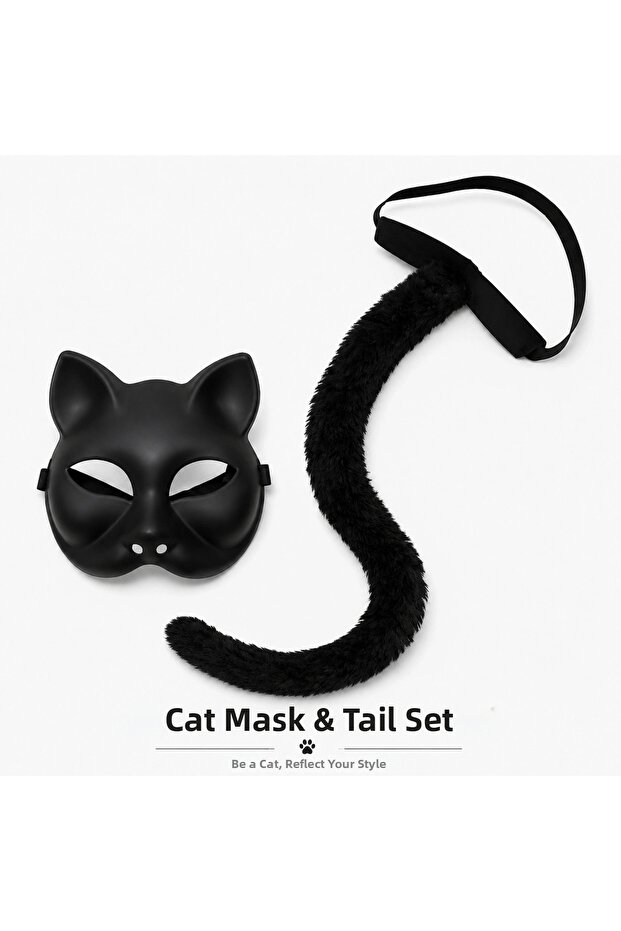 Black Cat Mask and Plush Tail Costume Set 70 cm