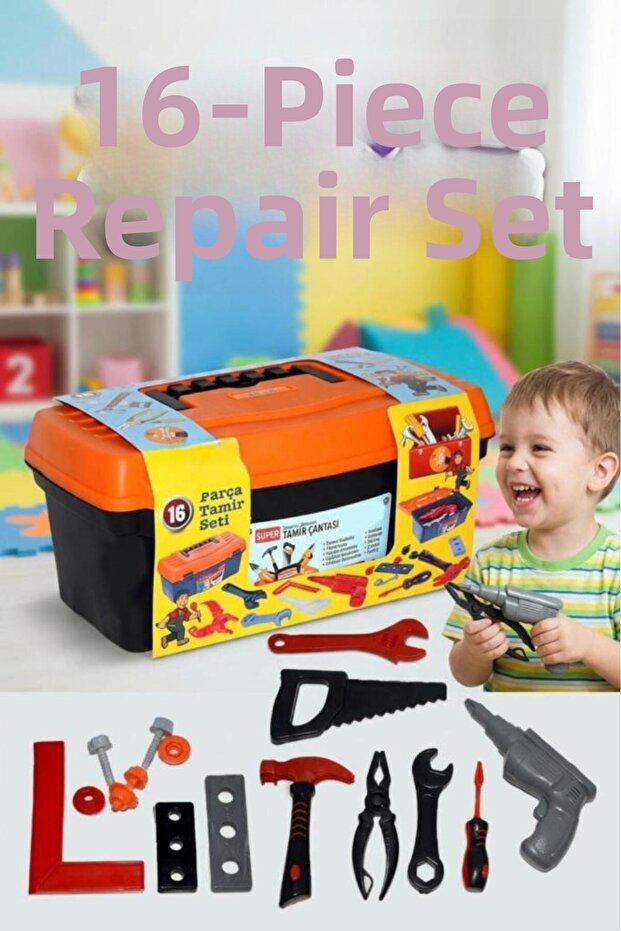16-Piece Drill and Hand Tools Educational Tutorial Repair Case Toy Set with Bag