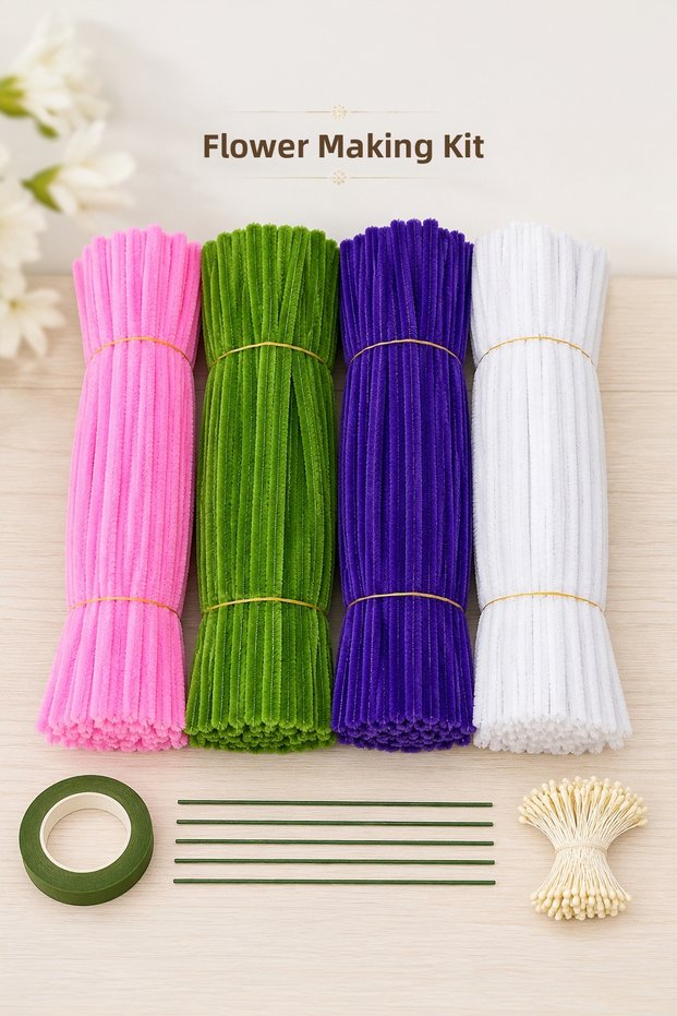Chenille Flower Making Kit 100 Pieces of Colored Chenille, Floral Wire, Green Floral Tape, and Cream Seeds Hobby Set